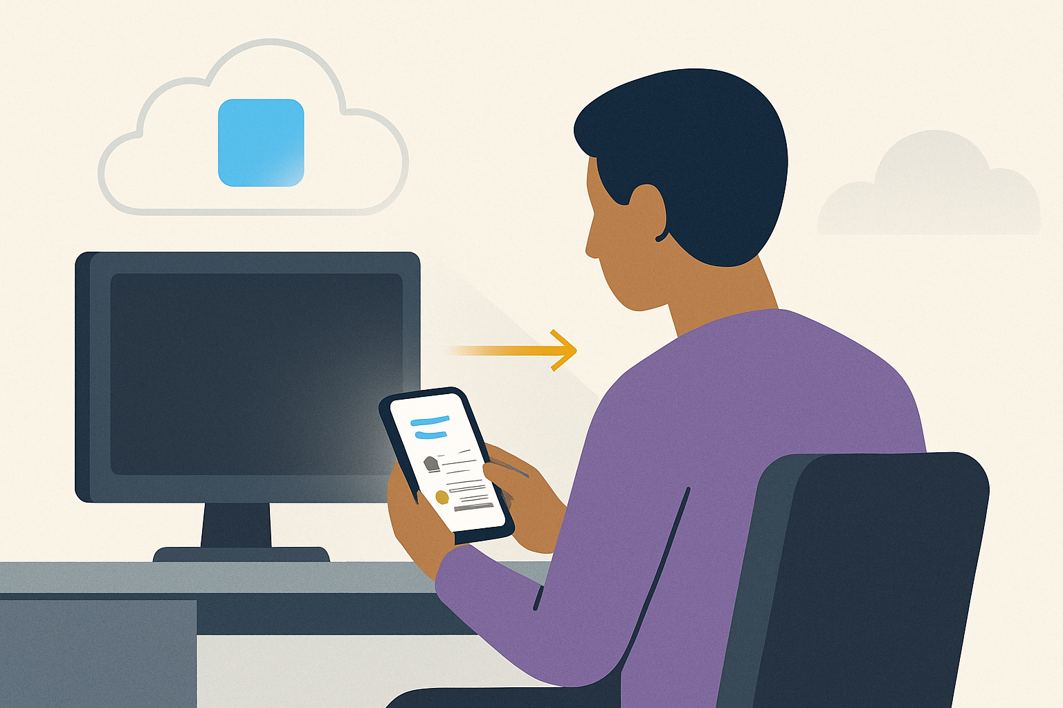 A developer sitting with their back turned to a desktop computer, scrolling a phone with job listings visible on the screen, a subtle directional arrow or visual pull drawing them away from the workstation